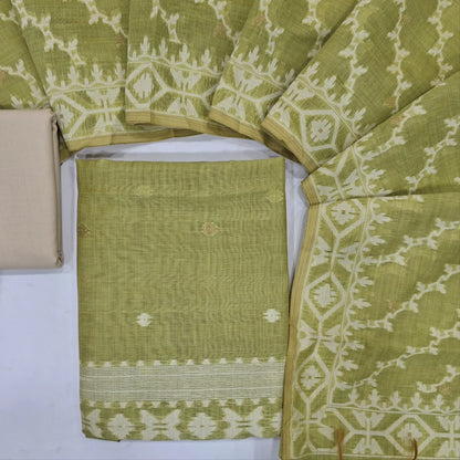 Pastel Green jamdani woven silk cotton unstitched salwar material (lining needed)thread zari woven on daman,thread woven buttas front, beige cotton bottom, jamdani woven silk cotton full length dupatta.JN262106