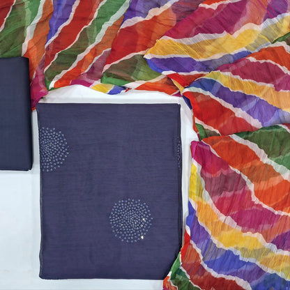 Dark blue fancy silk cotton unstitched salwar material,(lining needed) sequins work on front, matching cotton bottom, multicolor fancy chiffon dupatta. JN262107