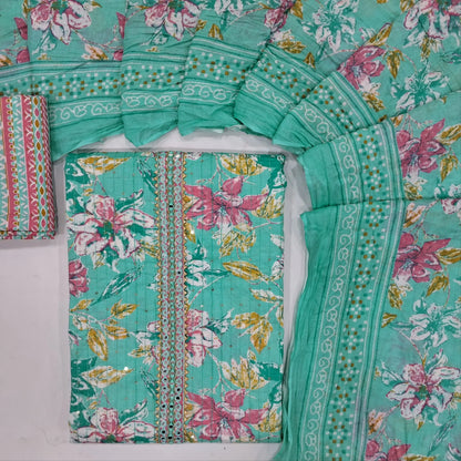 Pastel blue floral printed soft cotton unstitched salwar material (lining needed) sequins work on front, printed cotton bottom,floral printed mul cotton dupatta. JN262110