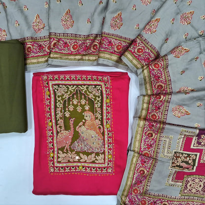 Bright pink modal unstitched salwar material,digital printed yoke,sequins work(soft, lining needed)green bottom, digital printed modal short width dupatta. JN262114