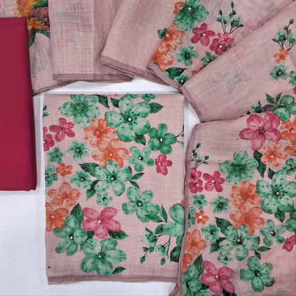 Designer pastel pink linen unstitched salwar material,(lining needed) digital print, hand embroidery work on front, printed v neck, dark pink silky bottom, digital print & hand embroidery work on pure linen full length dupatta with tassels. JN262112