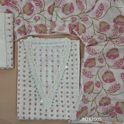 White cotton unstitched salwar material,collar neck with real mirror,(pink)pintex work on front,panel design,(lining needed)schiffli cotton bottom,pure kota cotton dupatta. JN262005