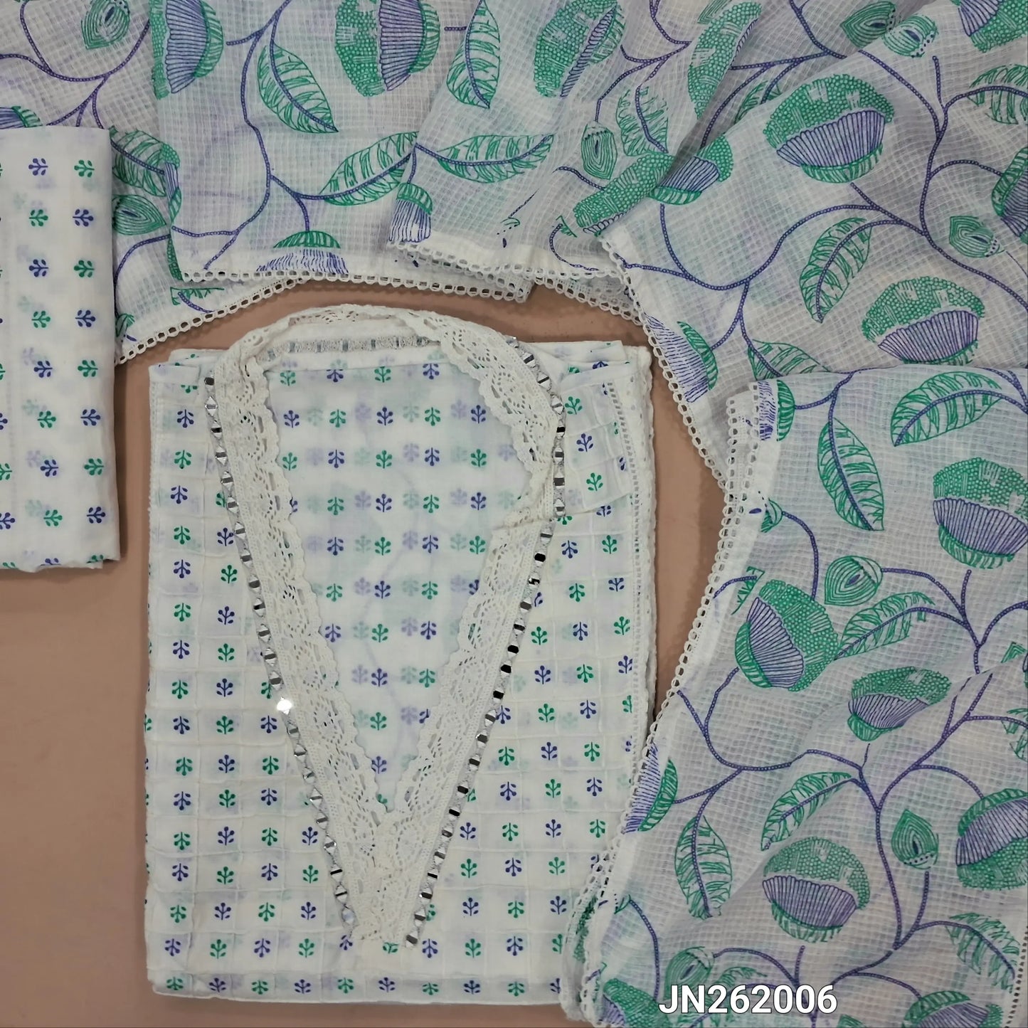 White cotton unstitched salwar material,collar neck with real mirror,(blue)pintex work on front,panel design,(lining needed)schiffli cotton bottom,pure kota cotton dupatta. JN262006
