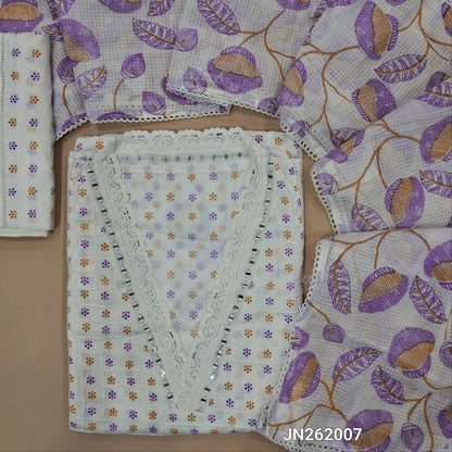 White cotton unstitched salwar material,collar neck with real mirror,(purple)pintex work on front,panel design,(lining needed)schiffli cotton bottom,pure kota cotton dupatta. JN262007