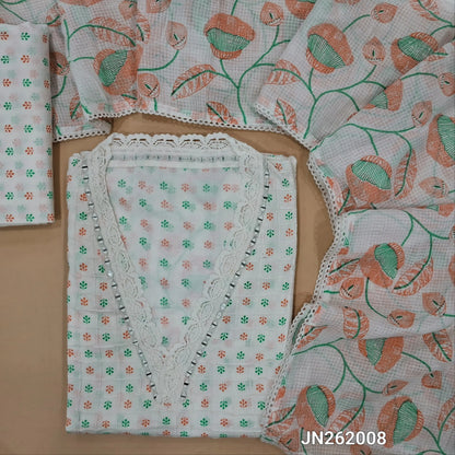 White cotton unstitched salwar material,collar neck with real mirror,(peach)pintex work on front,panel design,(lining needed)schiffli cotton bottom,pure kota cotton dupatta. JN262008