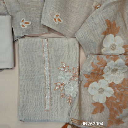 Designer rich beige silk cotton unstitched salwar material,(peach)(lining needed)thread embroidery & sequins work on yoke,matching spun silk cotton bottom,jamdani woven silk cotton dupatta with handmade tessels pallu. JN262004