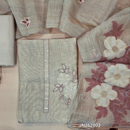Designer rich beige silk cotton unstitched salwar material,(maroon)(lining needed)thread embroidery & sequins work on yoke,matching spun silk cotton bottom,jamdani woven silk cotton dupatta with handmade tessels pallu. JN262003