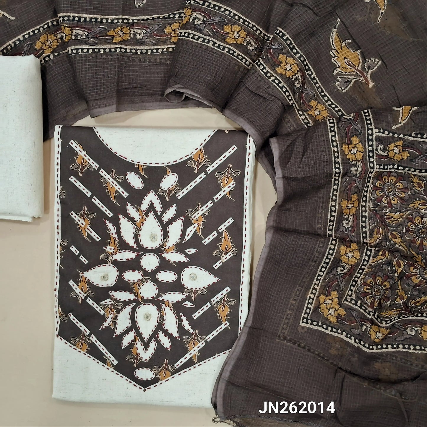 Off white base flex cotton unstitched salwar material (soft,Lining optional) printed & kantha stitch work on yoke,flex cotton bottom,printed pure kota cotton dupatta. JN262014