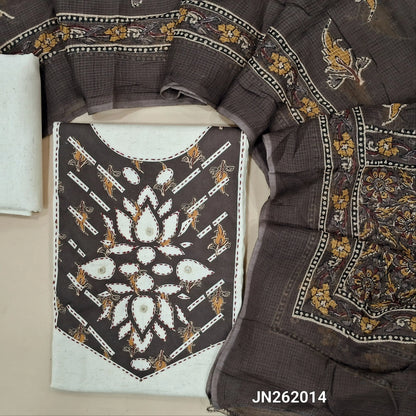 Off white base flex cotton unstitched salwar material (soft,Lining optional) printed & kantha stitch work on yoke,flex cotton bottom,printed pure kota cotton dupatta. JN262014