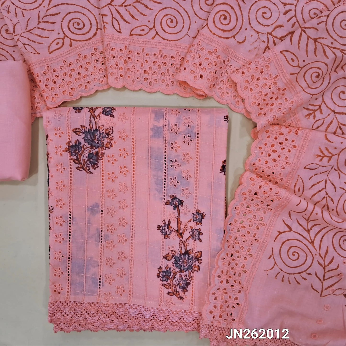 Peachish pink block printed soft glazed cotton unstitched salwar material(lining needed) schiffli embroidered,cut work & self embroidery work on front, cotton bottom,block printed & schiffli embroidered mul cotton dupatta with scallop borders. JN262012