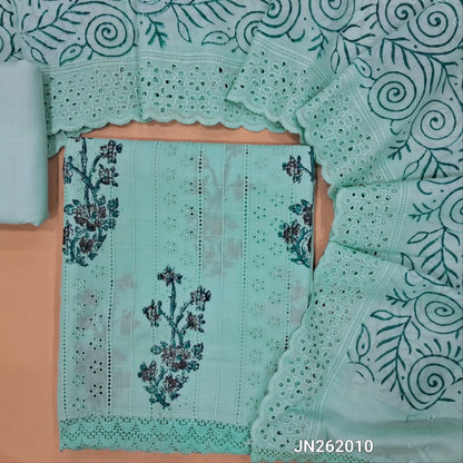 Pastel blue block printed soft glazed cotton unstitched salwar material(lining needed) schiffli embroidered,cut work & self embroidery work on front, cotton bottom,block printed & schiffli embroidered mul cotton dupatta with scallop borders. JN262010