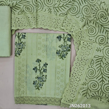 Pastel green block printed soft glazed cotton unstitched salwar material(lining needed) schiffli embroidered,cut work & self embroidery work on front, cotton bottom,block printed & schiffli embroidered mul cotton dupatta with scallop borders. JN262013