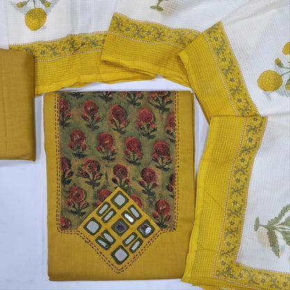 Mehandhi yellow premium cotton unstitched salwar material (lining optional)block printed & real mirror work on yoke, matching cotton bottom,mugal printed kota cotton dupatta.JN262113