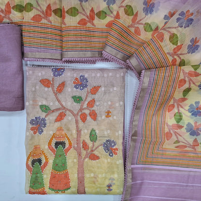 Lavender & pastel yellow organza unstitched salwar material, ( lining needed)digital printed zardosi, cut bead & sugar bead on daman, matching santoon bottom, organza digital printed dupatta. JN262115