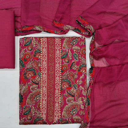 Dark pink floral printed cotton unstitched salwar material (lining optional) printed yoke, matching cotton bottom,chiffon dupatta with printed tapping.JN262118
