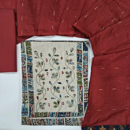 Multicolor printed kantha cotton unstitched salwar material, (soft,Lining optional)applique work on yoke,matching bottom, sequins on soft silk cotton dupatta.JN262121