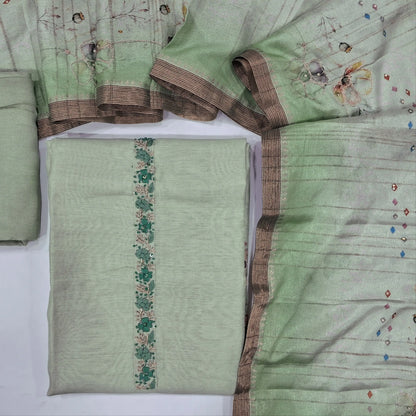 Pastel green tissue silk cotton unstitched salwar material( lining needed) hand embroidery work on yoke,floral printed daman,satoon bottom,digital printed sequins work on soft silk cotton dupatta. JN262119