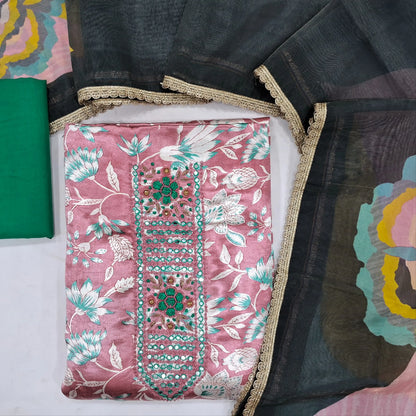 Pastel pink gaiji silk unstitched salwar material ,hand embroidery & faux mirror work on yoke,(shiny,lining needed) matching bottom,multicolor organza silk dupatta with less tapping.JN262123