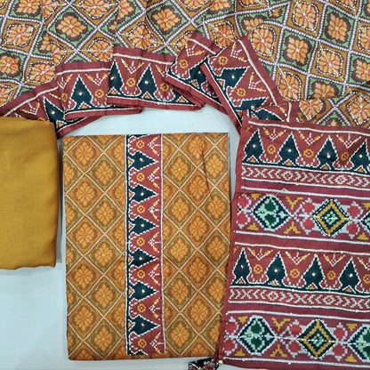 Mehandhi yellow digital printed silk cotton unstitched salwar material (lining needed) kantha stitch work on yoke, matching satoon bottom, digital printed kantha stitch on silk cotton dupatta.JN262122