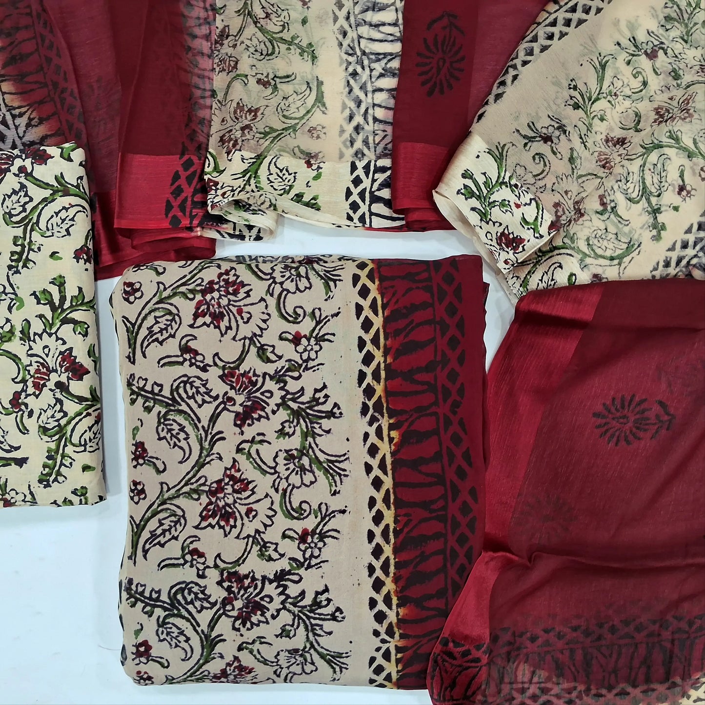 Beige & dark Maroon crepe georgette unstitched salwar material (lining needed) hand block printed allover, panel design,block printed cotton bottom, hand block printed dual shaded brasso chiffon dupatta (TAPING NEEDED). JN262124