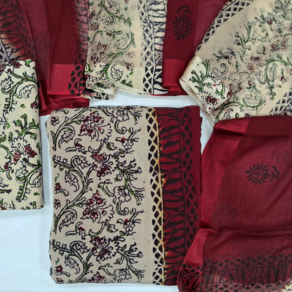 Beige & dark Maroon crepe georgette unstitched salwar material (lining needed) hand block printed allover, panel design,block printed cotton bottom, hand block printed dual shaded brasso chiffon dupatta (TAPING NEEDED). JN262124