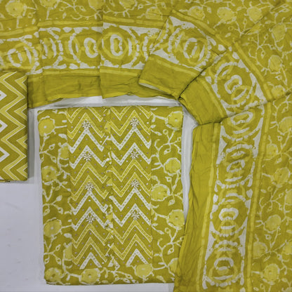 Green printed pure cotton unstitched salwar material, bead& sequins work on yoke(ling optional)zigzag printed cotton bottom, crinkled printed soft cotton dupatta with lace tapings. CODE AG250406