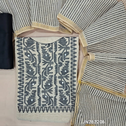 Designer rich beige slub silk cotton unstitched salwar material (textured,lining needed) thread weaving &faux mirror work on yoke, faux mirror work on front, black silk cotton bottom, hand block printed slub silk cotton dupatta. JN262206