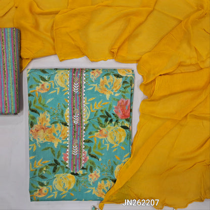 Sage green premium floral printed pure cotton unstitched salwar material,zardosi & peal bead work on yoke( soft,lining optional)printed cotton bottom,pure chiffon dupatta with bead tassels.JN262207
