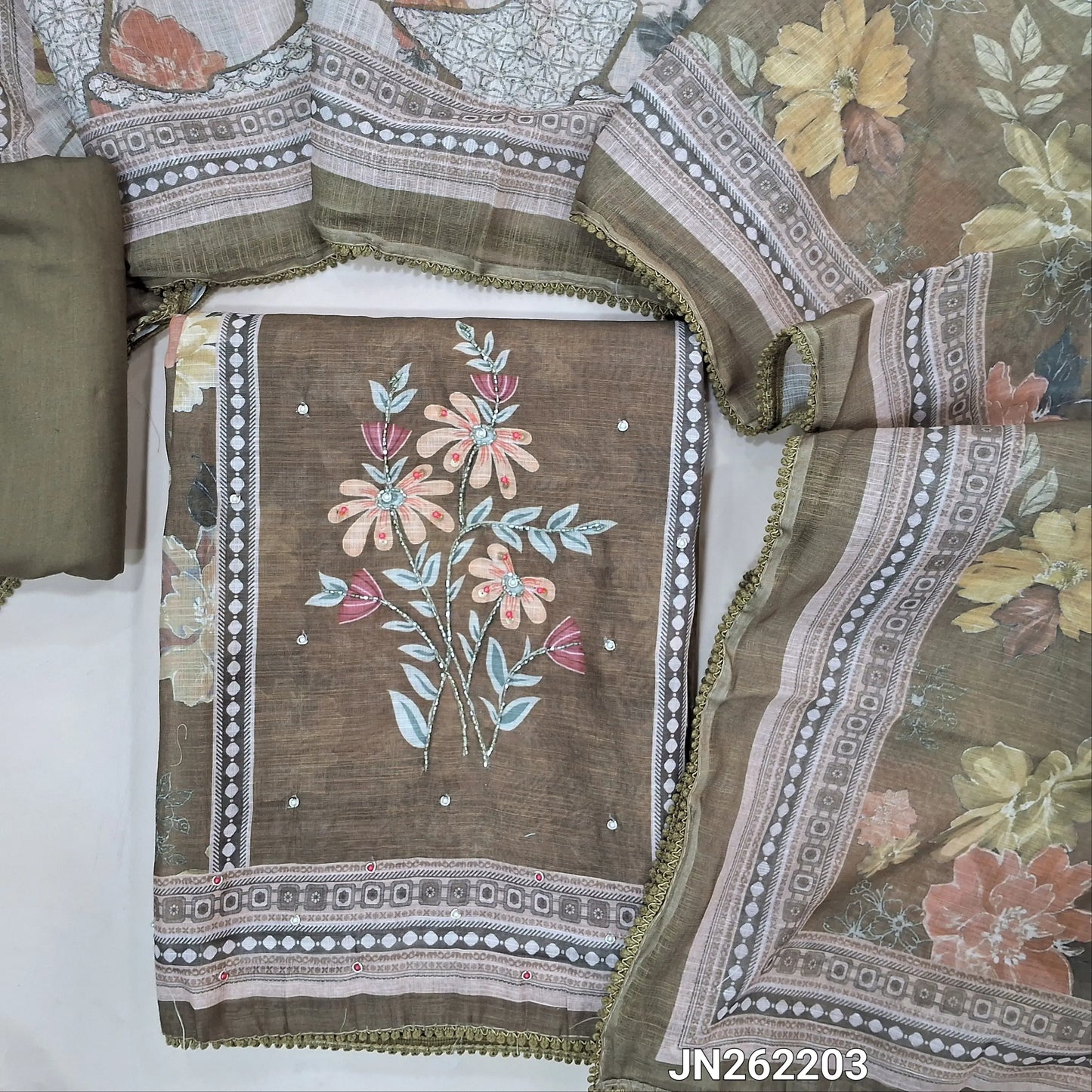 Olive green floral printed semi linen unstitched salwar material(lining needed)penal design,cut bead & zardosi work,matching cotton bottom,floral printed semi linen full length dupatta. JN262203