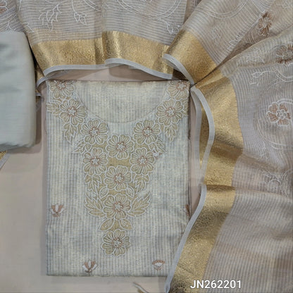 Rich golden beige premium tissue kota unstitched salwar material (lining needed) rich embroidery work on yoke,embroidery & applique work on daman,spun cotton bottom, rich embroidery work on tissue kota dupatta with benarasi zari woven borders. JN262201