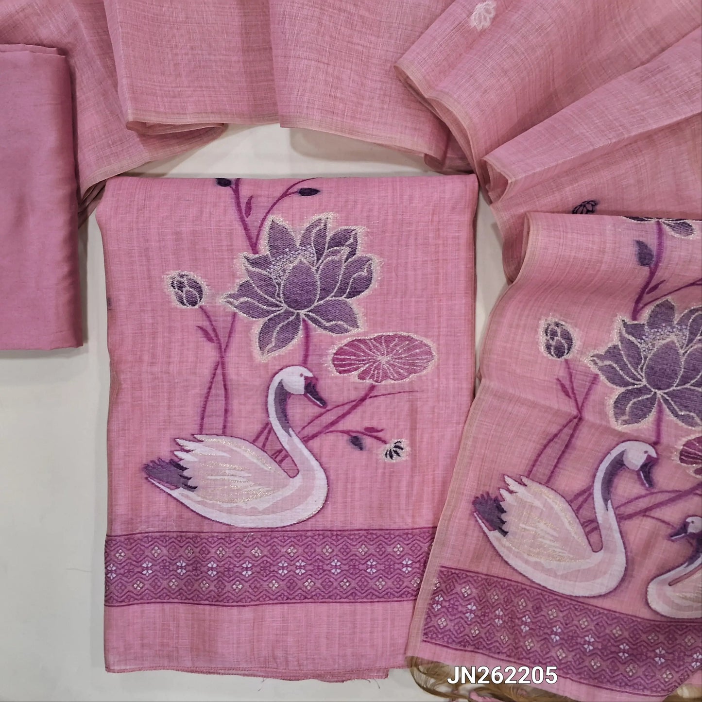 Pastel pink jamdani woven silk cotton unstitched salwar material (lining needed)lotus weaving front,weaving daman, matching silky bottom, jamdani woven silk cotton full length dupatta. JN262205
