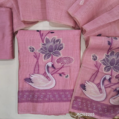 Pastel pink jamdani woven silk cotton unstitched salwar material (lining needed)lotus weaving front,weaving daman, matching silky bottom, jamdani woven silk cotton full length dupatta. JN262205