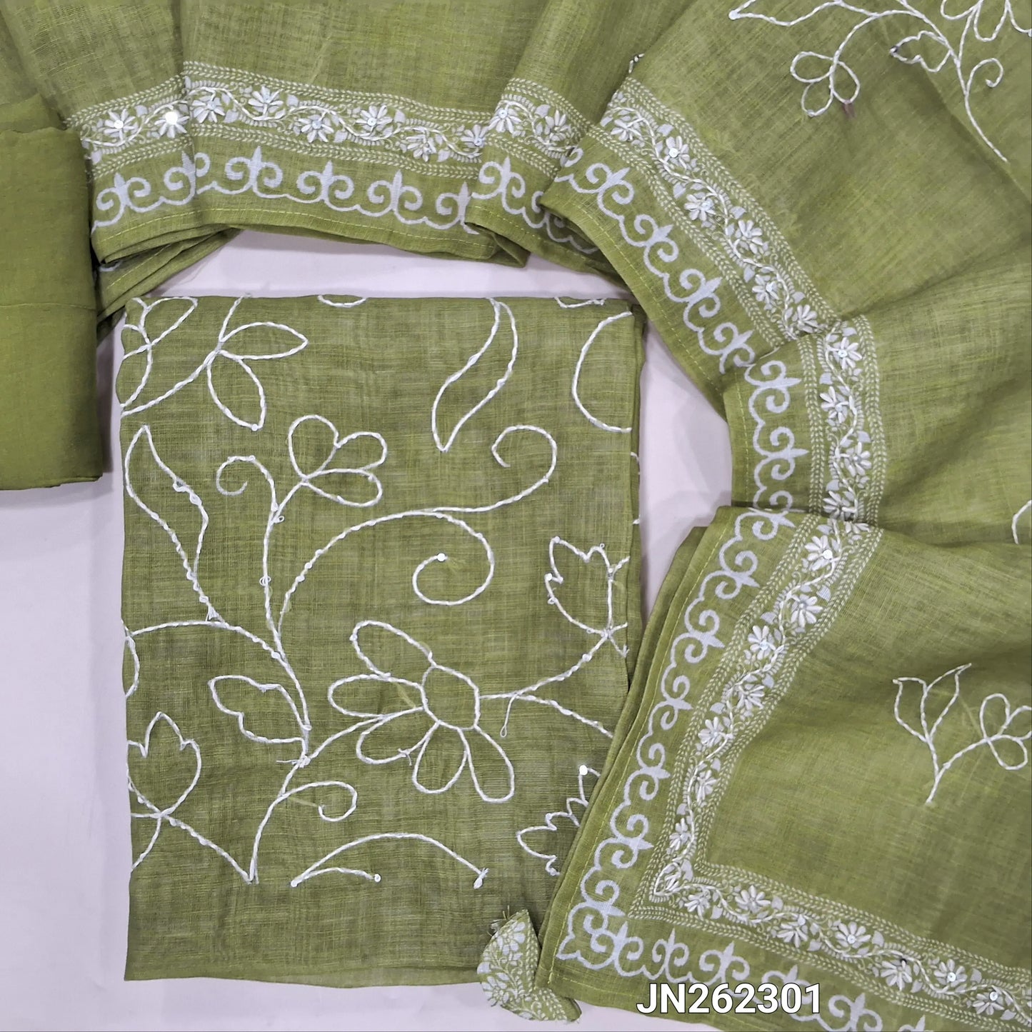 Designer olive green embroidered premium linen unstitched salwar material,embroidery work on front(textured, lining needed)matching santoon bottom,embroidered kantha stitch on premium linen dupatta. JN262301