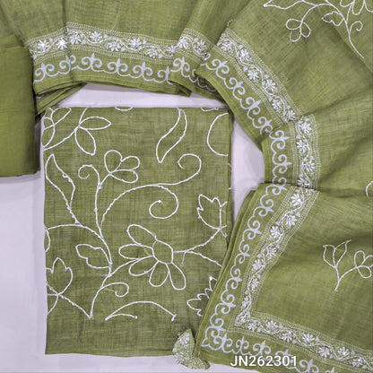 Designer olive green embroidered premium linen unstitched salwar material,embroidery work on front(textured, lining needed)matching santoon bottom,embroidered kantha stitch on premium linen dupatta. JN262301