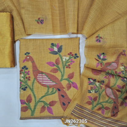 Mehandhi yellow jamdani woven silk cotton unstitched salwar material (soft,lining needed)multicolor floral woven buttas front,peacock thread weaving on daman,silk cotton bottom, jamdani woven silk cotton full length dupatta with handmade tassels. JN262305