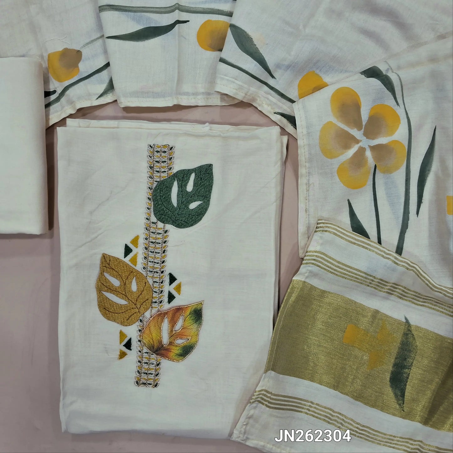 Designer half white base mul chanderi unstitched salwar material (Lining Needed)stitch detailing & thread embroidery work on yoke,matching santoon bottom, brush paint work on mul chanderi dupatta with gold tissue pallu. JN262304