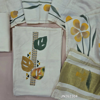 Designer half white base mul chanderi unstitched salwar material (Lining Needed)stitch detailing & thread embroidery work on yoke,matching santoon bottom, brush paint work on mul chanderi dupatta with gold tissue pallu. JN262304