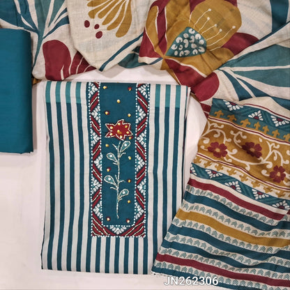 Multicolor vertical printed soft satin cotton unstitched salwar material,cut bead &zardosi work on yoke,(BLUE)(textured,lining needed)matching cotton bottom,printed pure mul cotton dupatta.JN262306