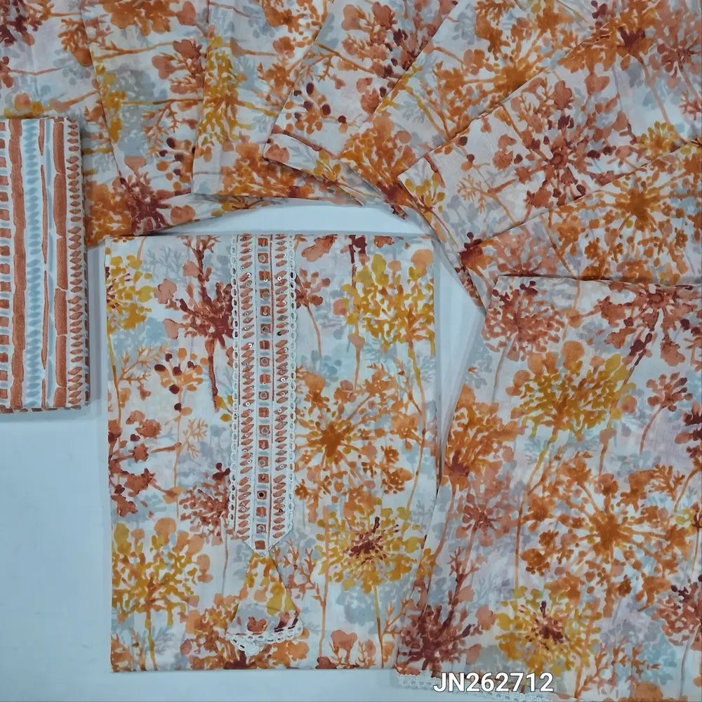 Peach shade printed premium mul cotton unstitched salwar material, thread &sequins work on yoke(lining optional)block printed cotton bottom,printed mul cotton full length dupatta. JN262712