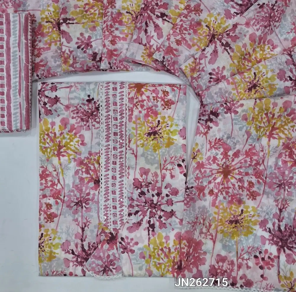 Pink printed premium mul cotton unstitched salwar material, thread &sequins work on yoke(lining optional)block printed cotton bottom,printed mul cotton full length dupatta. JN262715
