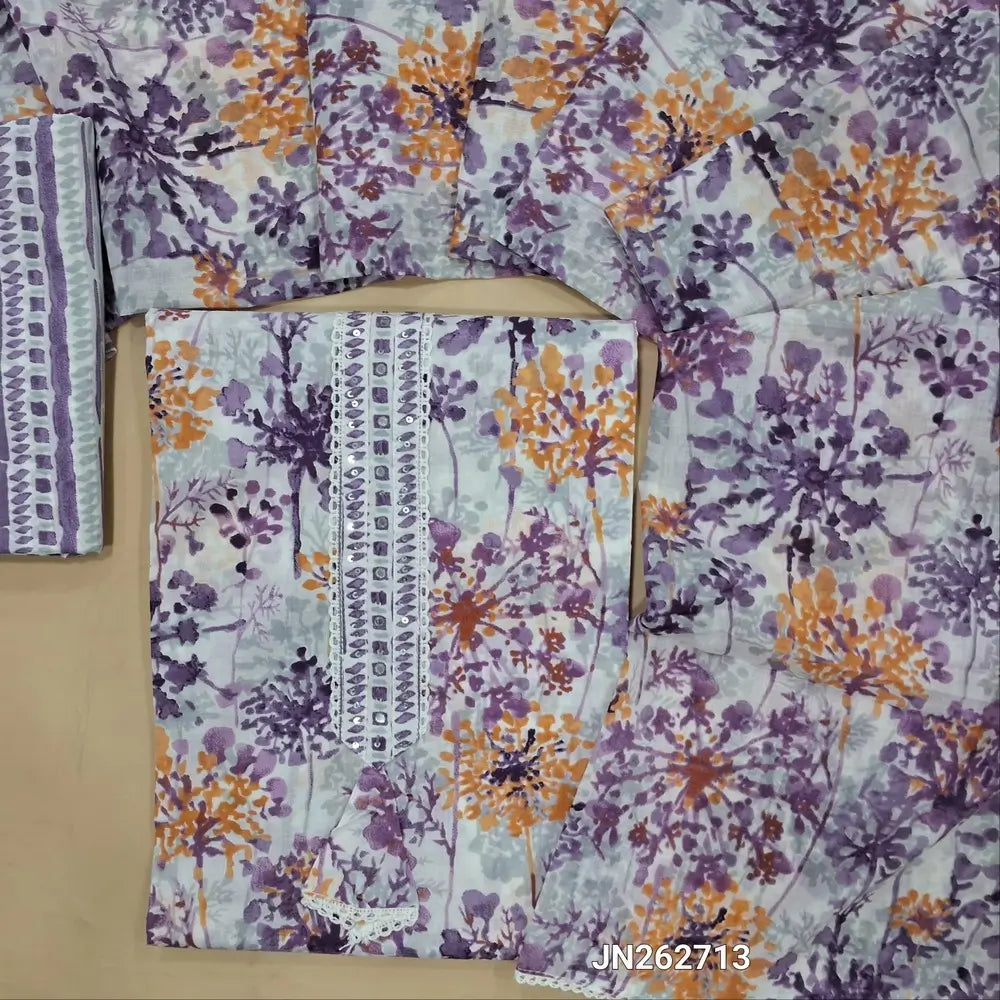 Purple shade printed premium mul cotton unstitched salwar material, thread &sequins work on yoke(lining optional)block printed cotton bottom,printed mul cotton full length dupatta. JN262713