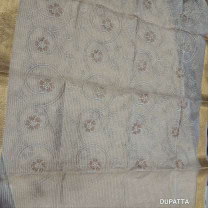 Rich golden beige premium tissue kota unstitched salwar material (lining needed) rich embroidery work on yoke,embroidery & applique work on daman,spun cotton bottom, rich embroidery work on tissue kota dupatta with benarasi zari woven borders. JN262201
