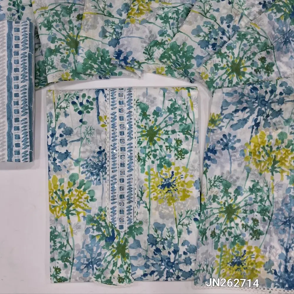 Blue printed premium mul cotton unstitched salwar material, thread &sequins work on yoke(lining optional)block printed cotton bottom,printed mul cotton full length dupatta. JN262714