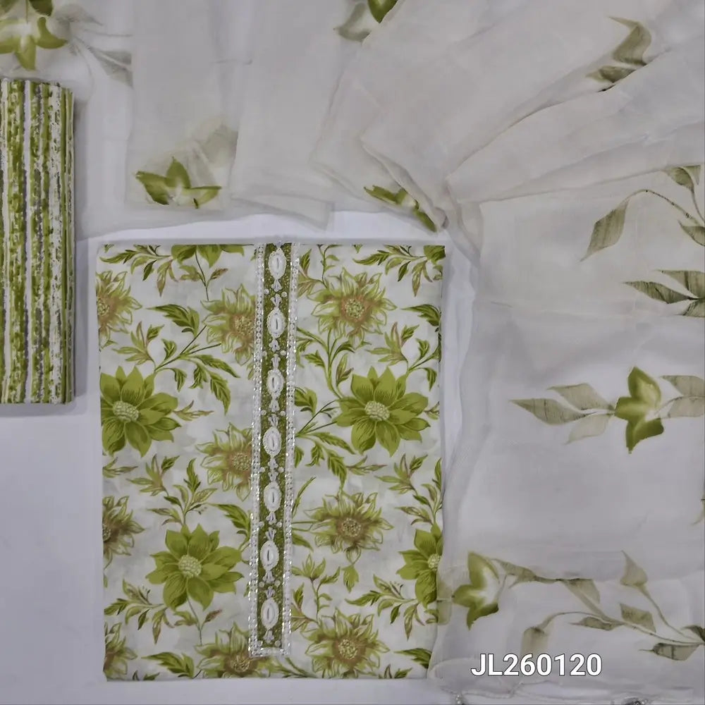 Off white & green floral printed premium mul cotton unstitched salwar material,fancy shell buttons,cut bead & sequins work on yoke(soft,lining optional)printed cotton bottom,hand brush paint work on pure chiffon dupatta. JL260120