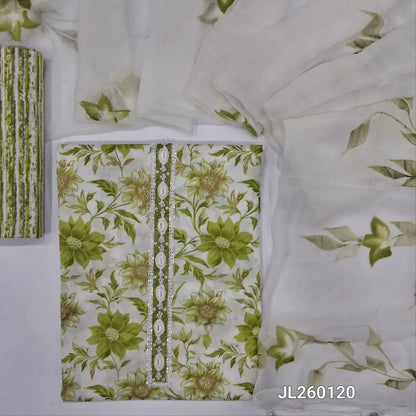 Off white & green floral printed premium mul cotton unstitched salwar material,fancy shell buttons,cut bead & sequins work on yoke(soft,lining optional)printed cotton bottom,hand brush paint work on pure chiffon dupatta. JL260120
