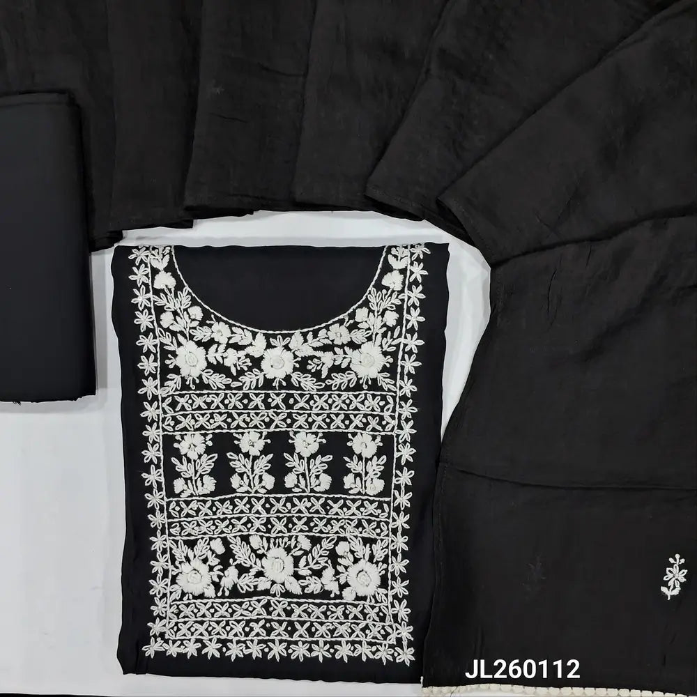 Designer black premium soft silk cotton unstitched salwar material, hand embroidered work on yoke,floral embroidery on front(lining needed)matching silk cotton bottom,hand embroidery on soft silk cotton dupatta with lace tapping.JL260112