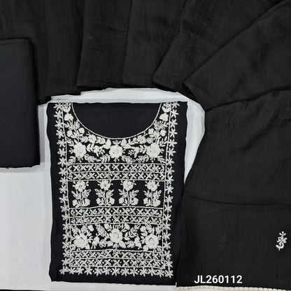 Designer black premium soft silk cotton unstitched salwar material, hand embroidered work on yoke,floral embroidery on front(lining needed)matching silk cotton bottom,hand embroidery on soft silk cotton dupatta with lace tapping.JL260112