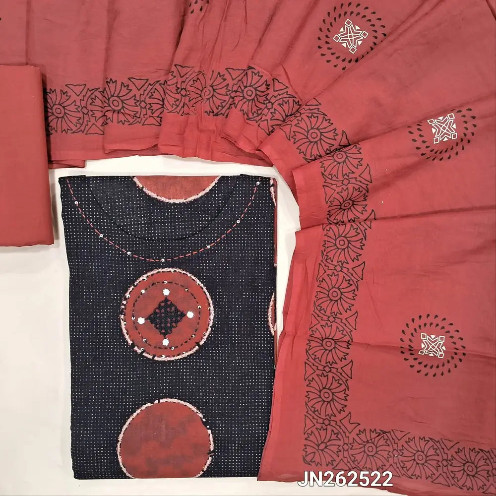 Black premium cotton unstitched salwar material (lining optional)block printed & kantha stitch work on yoke, printed all over,maroon cotton bottom,hand block printed mul cotton dupatta. JN262522