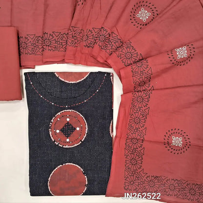 Black premium cotton unstitched salwar material (lining optional)block printed & kantha stitch work on yoke, printed all over,maroon cotton bottom,hand block printed mul cotton dupatta. JN262522
