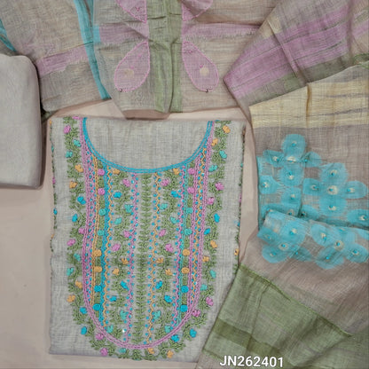 Designer rich beige soft silk cotton unstitched salwar material,hand embroidery work on yoke, panel design,(lining needed)santoon bottom,french knot and kantha stitch work on  jamdani woven soft silk cotton dupatta. JN262401